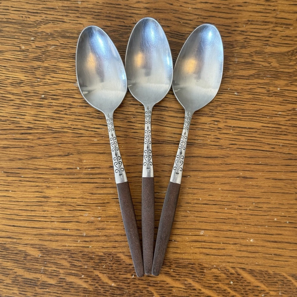 Interpur Stainless Flatware Japan MCM Brown Handle Soup Spoons Set of 3